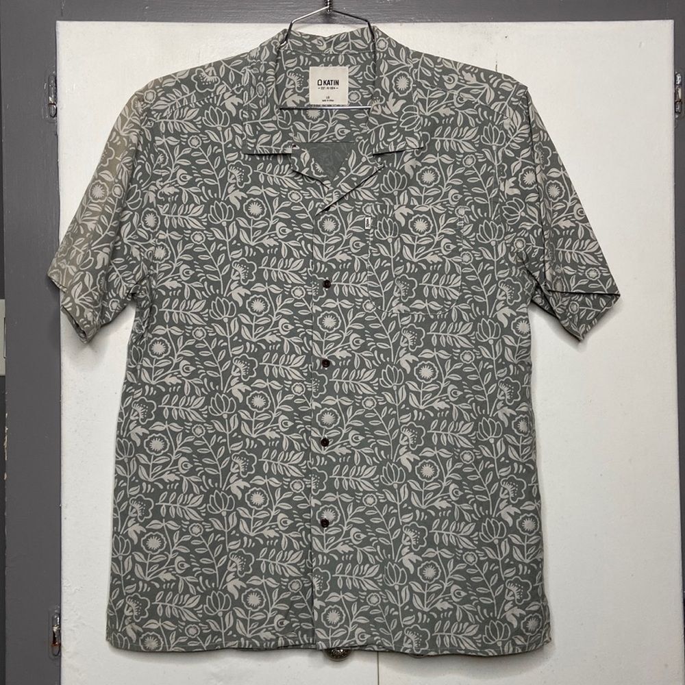 katin men short sleeve button up shirt large cotton linen blend sage floral